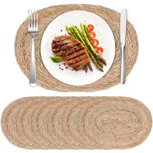 Defined Decoe Set of 6 Woven Rattan Placemats,16x12 Inch Oval Braided Charger Plates, Farmhouse & Boho Vintage Style for Christmas Dining, Kitchen, and Party Decor