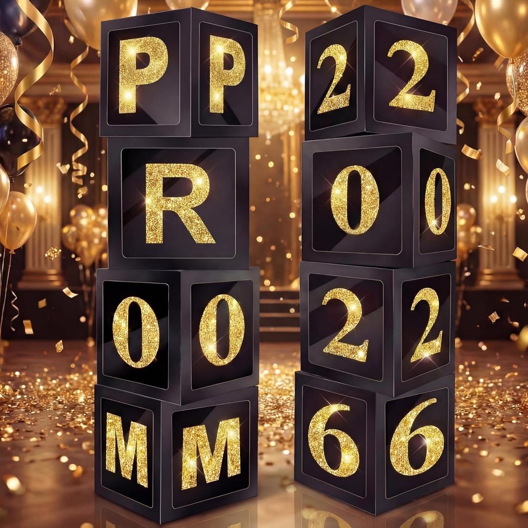 Sinmoe 8 Pcs Prom Decorations for Party 2026 Prom Column Standup 12 Inches PVC Sparkle Balloons Boxes Set Graduation Senior Night Decorations for 2026 Masquerade Graduation Photo Booth(Black Gold)