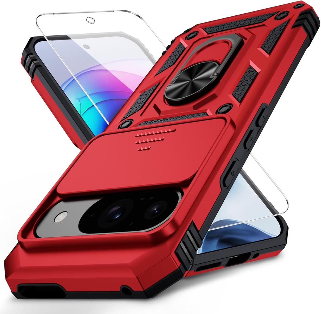 for Google Pixel 9 Pro XL Case with Camera Lens Cover, HD Screen Protector, 10 FT Military Grade Drop Protection, Magnetic Ring Holder Kickstand Protective Phone Case, Red