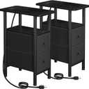 LOAKEKEL Narrow Nightstand with Charging Station, End Tables Living Room Set of 2, Skinny Side Table with Fabric Drawers, Slim Sofa Table for Bedroom, Small Spaces, Couch, Black