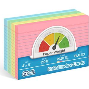 Chell 200 Count Index Cards 4x6 Inch Heavyweight, Ruled Front and Blank Back, 65 lb. Cover Weight, Pastel Colors