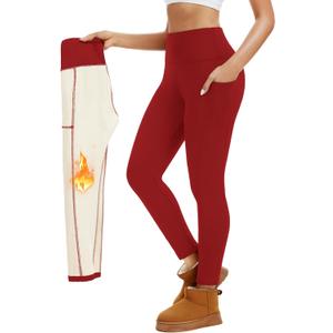 Thermal Thick Fleece Lined Leggings with Pockets -High Waisted Warm Winter Yoga Pants for Women Running Workout Leggings S