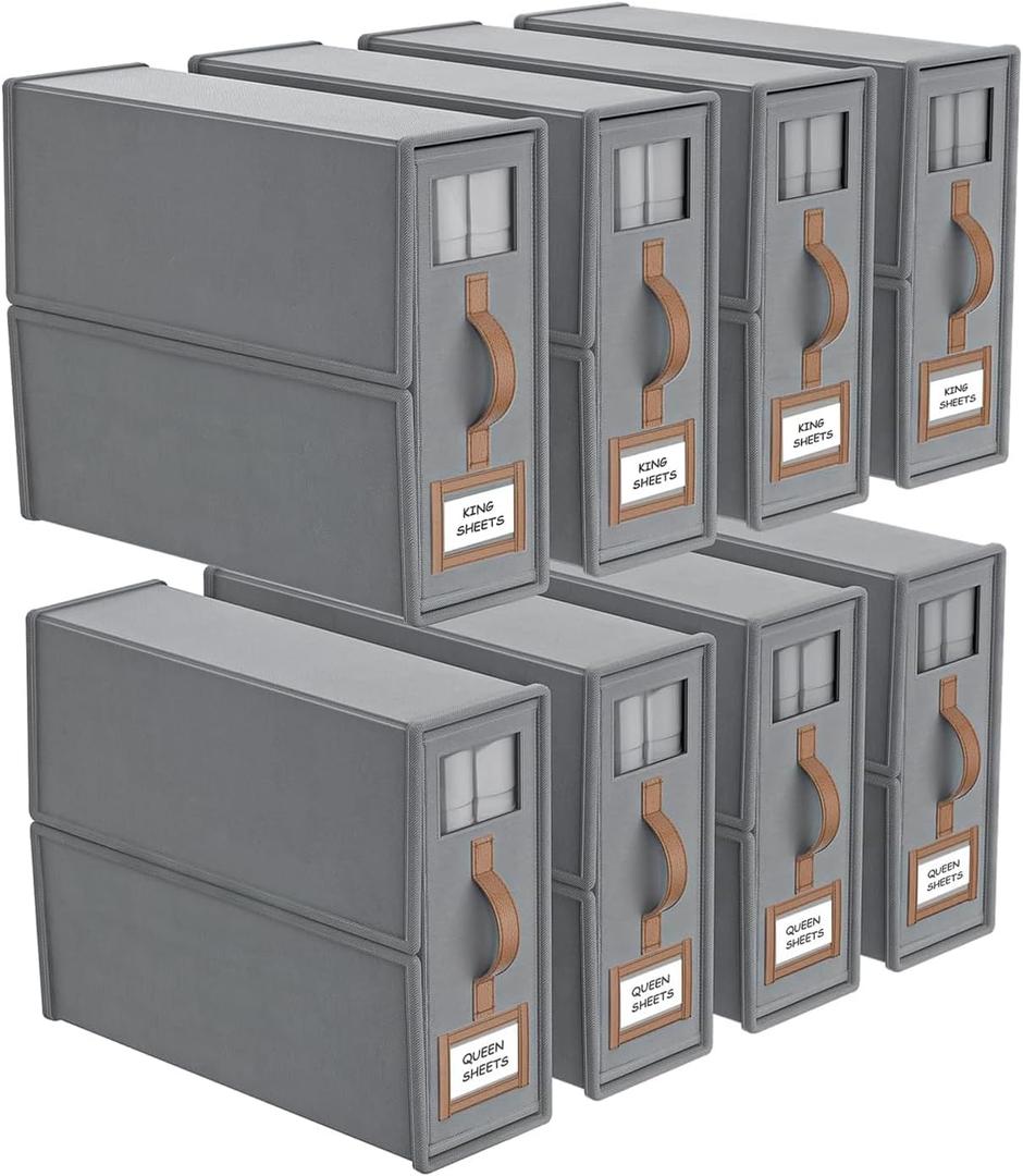 BigPonPon 8 Pack Bed Sheets Organizers and Storage (King Size), Foldable Organizer With Handle for Linen Closet, Bedding Storage for Sheets, Duvet Cover (Gray)