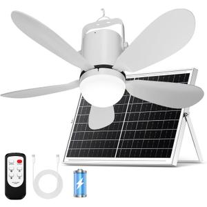 21 Solar Ceiling Fan Light, Solar Outdoor Ceiling Fan Light with Remote and Hook, Portable Wireless Rechargeable Outdoor Hanging Fans for Camping RVs Patio Canopy Chicken Coop Outside