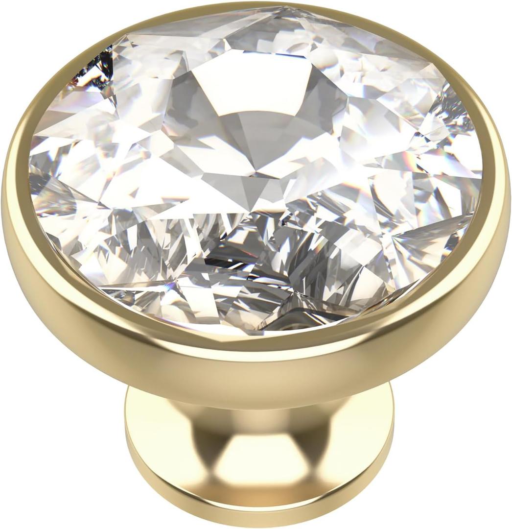 Alzassbg 10 Pack Clear Crystal with Gold Base Cabinet Knobs, 1-3/8 Inch (35mm) Diameter Cabinet Hardware Round Crystal Knobs for Drawers AL1011