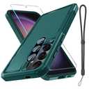 RMOCR Case for Samsung Galaxy S25, Full Body Heavy Duty Rugged Shockproof Protective Phone Cover with Lanyard Strap, Tempered Glass Screen Protector and Camera Lens Cover, Dark Green