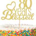80 Years Blessed Cake Topper - Glitter Gold 80th Birthday Cake Decorations, Eighty Wedding Anniversary Cake Pick