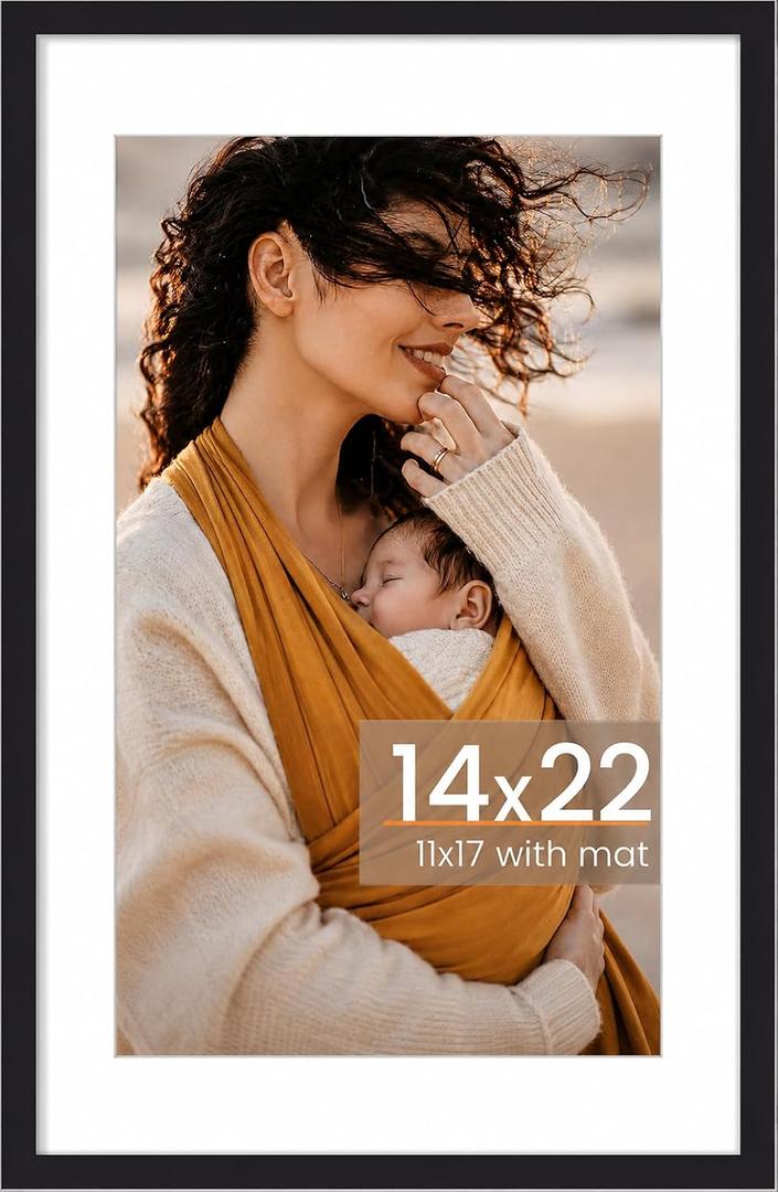 14x22 Picture Frame, Photo Frame with HD Plexiglass, Display Pictures 11x17 with Mat or 14x22 Without Mat for Wall Display, Wall Hanging Photo Frame,1 Pack, Black
