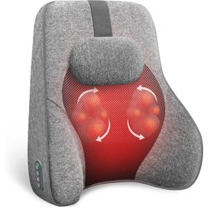 Back Lumbar Support Pillow for Office Chair Car, Office Desk Chair Lumbar Back Support with 4 Shiatsu Massage Heads & Heating Function, Memory Foam Lumbar Pillow for Computer Gaming Chair-Gray