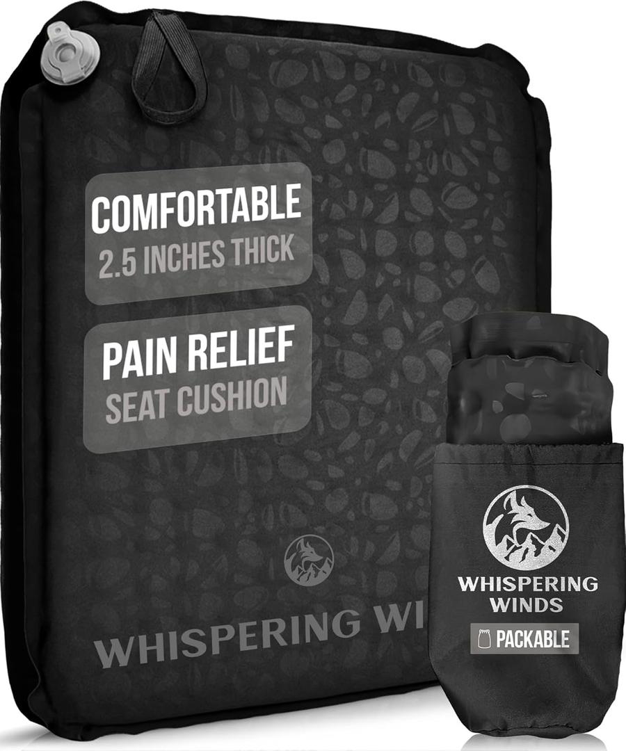 Whispering Winds Inflatable Seat Cushion - Comfortable Blow-up Foam Pad for Airplane, Travel, Stadium, Outdoors, Camping, Car & More (X-Large, Black -1pack)