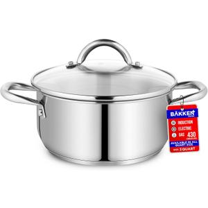 Stainless Steel Stockpot with Tempered Glass Lid 3 Quart, Durable 18/0 Stainless Steel, Impact-Bonded Base for Even Heating, Riveted Handles, Oven & All Stove Compatible, Safe Up To 500°F (260°C)