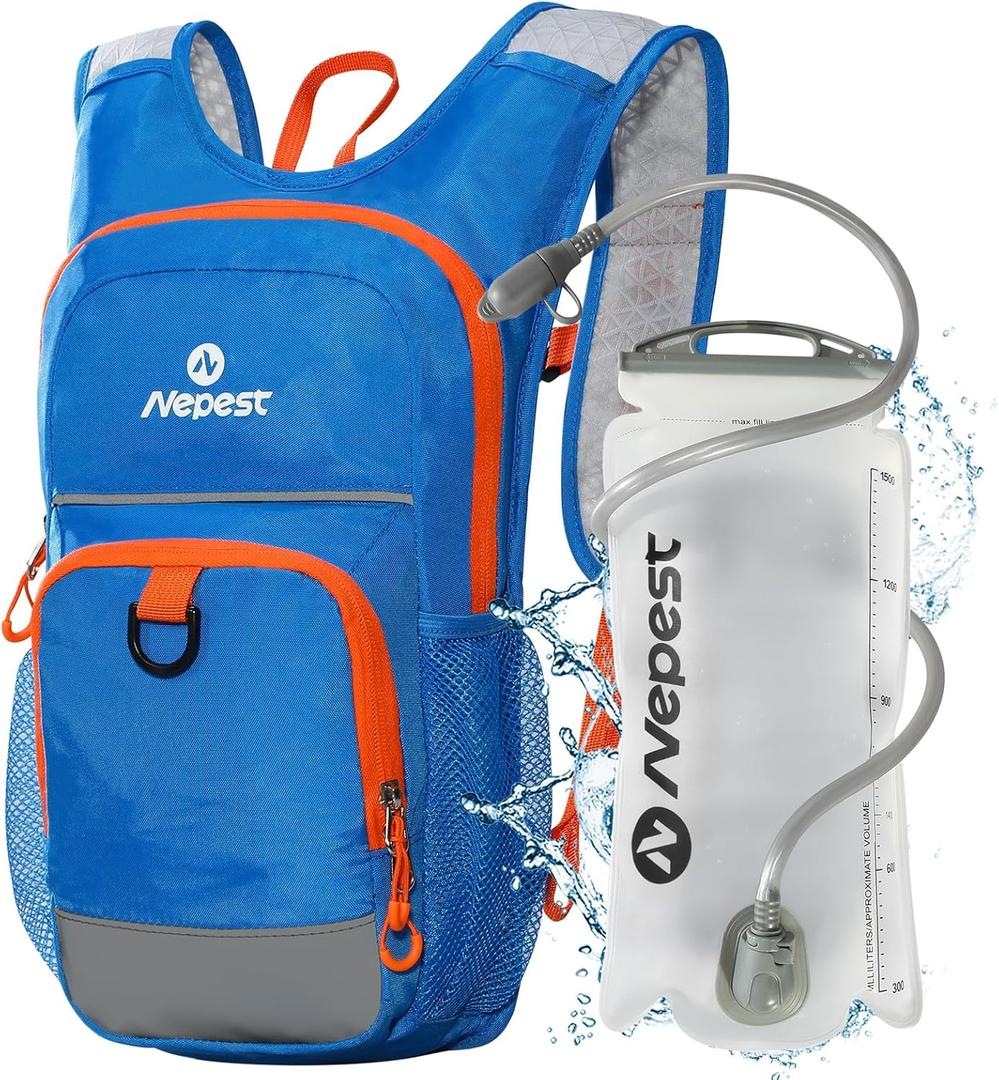 Nepest Kids Hydration Backpack, Mini Water Backpack with 1.5L Water Bladder for Hiking Cycling Running (Blue)
