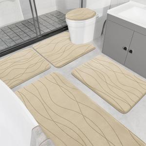 YIHOUSE Memory Foam Bathroom Rug Sets 5 Piece, Ultra Absorbent Bath Mat for Bathroom - Non-Slip Machine Washable & Dry Quickly, 5 Piece Bathroom Mat Set, Khaki (1'8" x 3'10")