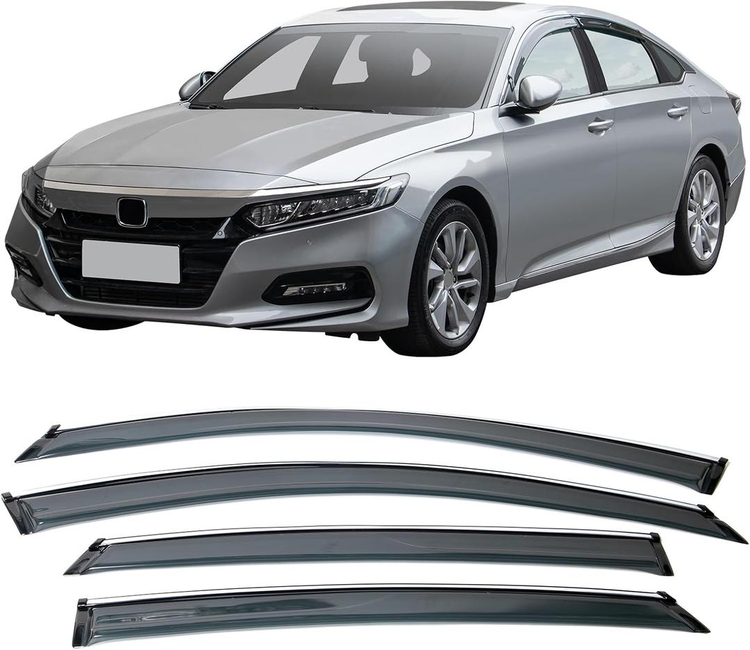 IKON MOTORSPORTS External Tape on Window Visor Compatible with 2018-2026 Honda Accord Sedan, 2.2mm Factory Style Acrylic Unpainted with Clips and Chrome Trim Air Deflector Sun Rain Guard, 2019 2020