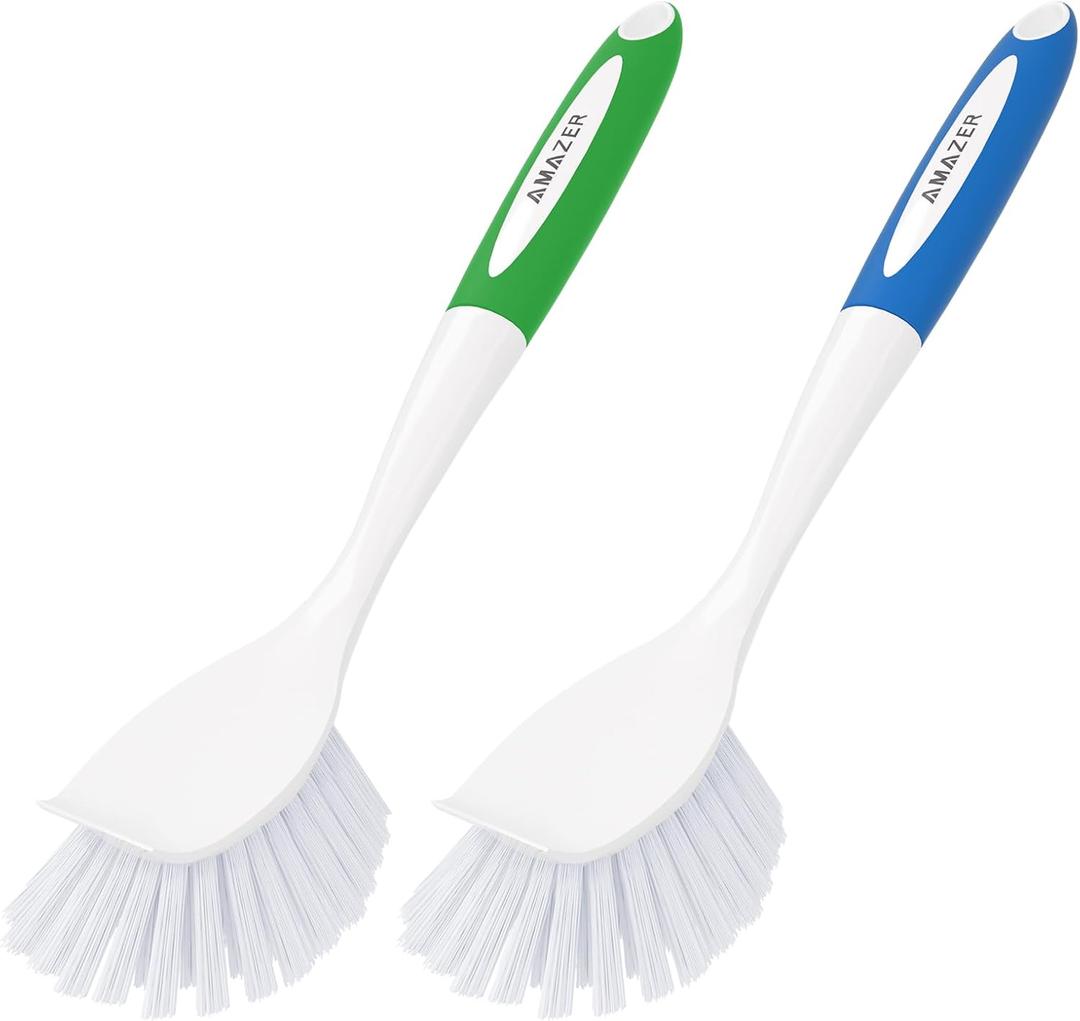 Amazer Dish Brush with Handle, 2 Pack Kitchen Scrub Brushes for Cleaning, Dish Scrubber with Stiff Bristles for Sink, Pots, Pans (Blue+green)