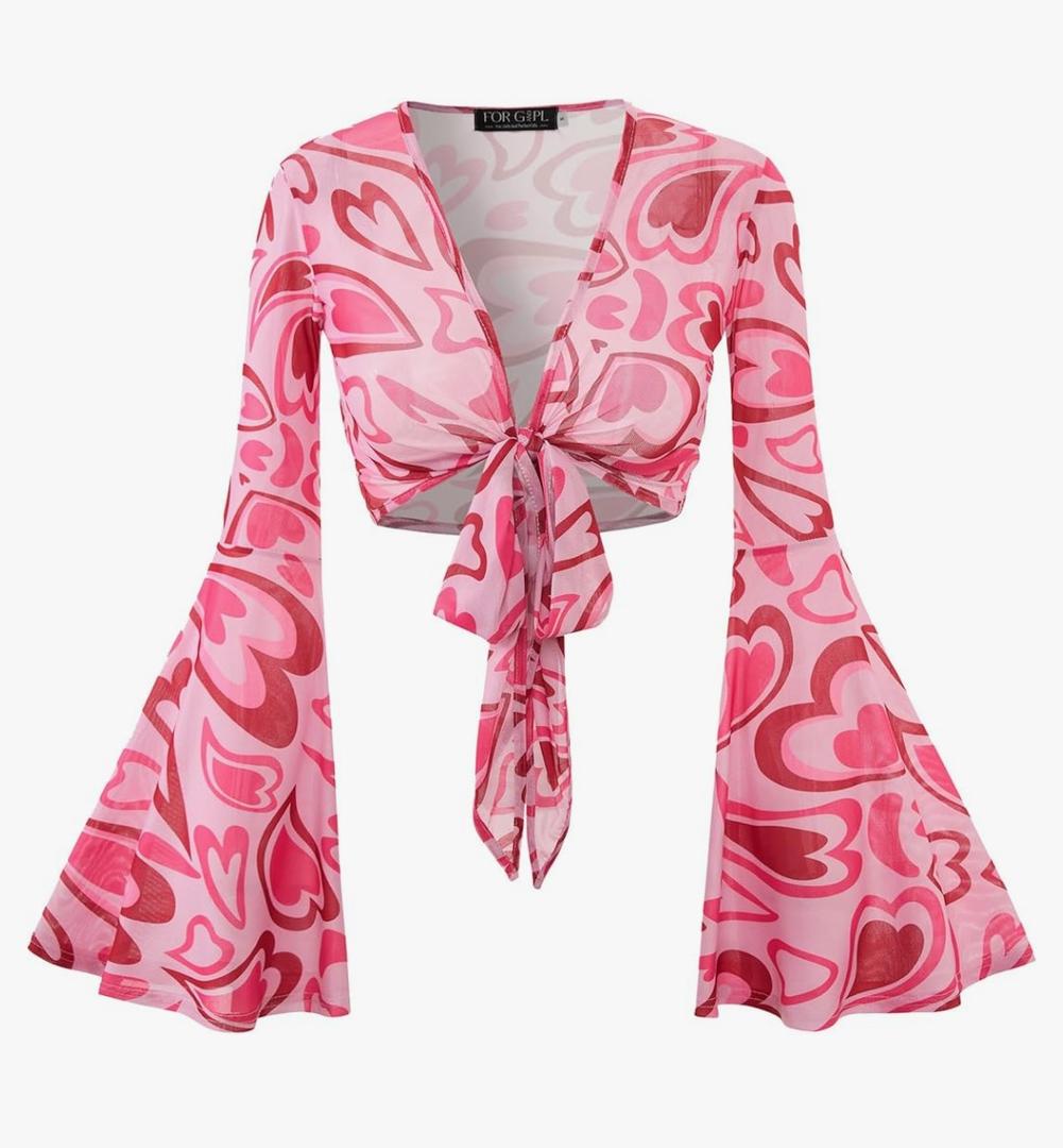 For G and PL Women Tie Front Bell Sleeve Rave Crop Tops Floral Print Hippie Mesh Sheer Shirt. XL