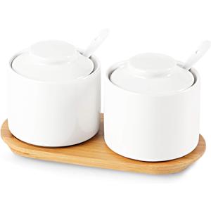 ONTUBE Ceramic Sugar Bowl with Lid and Spoon Set of 2,Porcelain Seasoning Box Salt Bowl with Tray,8oz (White)