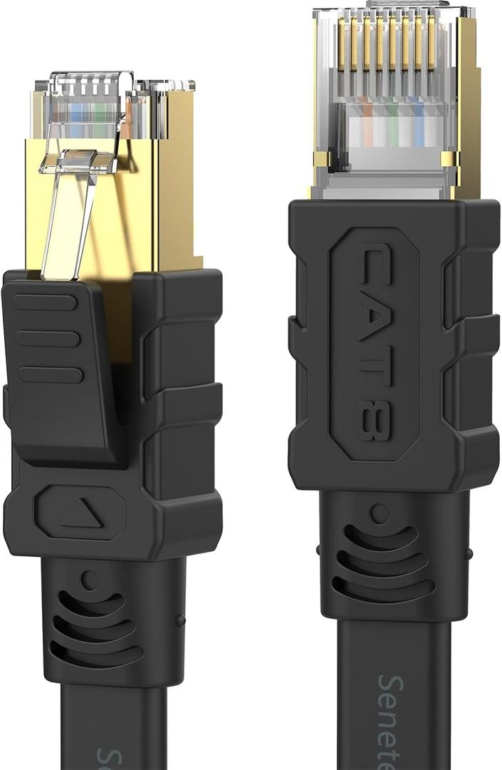 Senetem Cat 8 Ethernet Cable 30FT, High Speed 40Gbps 2000Mhz Flat Internet Network Patch Cord, RJ45 Shielded Outdoor&Indoor LAN Cable, Compatible for Gaming, PC, PS5/4/3, Xbox, Modem, Router (Black)