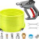 M MINGLE Sewer Jetter Kit for Pressure Washer 100 FT, Drain Cleaner Hose with Power Washer Gun, 1/4 Inch NPT Corner Rotating and Button Nose Sewer Jetting Nozzle, Orifice 4.0, 4.5 (Yellow)