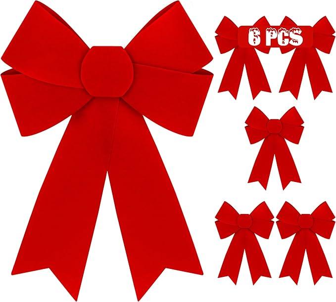 6 PCS Christmas Decorations, 9 x 12 Inches Large Christmas Bows, Red Velvet PVC Hanging XmasTree Decorations Indoor Outdoor Xmas Decor for Home Party Wreath Fence Fireplace Stairs Railing Door