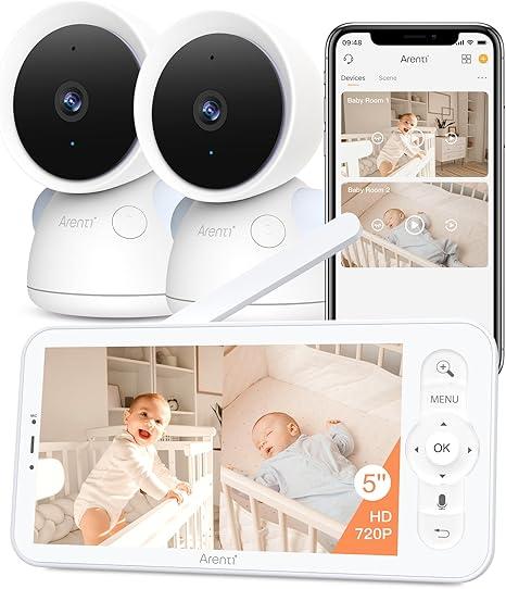 ARENTI Baby Monitor with 2 Cameras, 2K/3MP WiFi 6 Camera and Audio, 5inch Wireless Screen, Smartphone App, Super Night Vision, Crying Detection, Auto Tracking, Temp&Humidity Sensor (D3 Set)