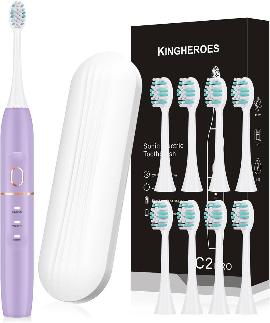 Electric Toothbrush Set, Comes with 8 Brush Heads & Travel Case,4 Modes with 2 Minutes Built in Smart Timer, One Charge for 60 Days, 42000 VPM Motor (Purple)