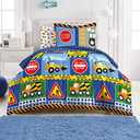 dream FACTORY Kids 5-Piece Complete Set Easy-Wash Super Soft Microfiber Comforter Bedding, Twin, Navy Blue Under Construction