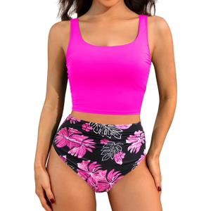 Women Two Piece Tankini Swimsuits - Crop Swim Top with High Waisted Bottom Tummy Control Bathing Suits Swimwear (Small, Pink Floral)