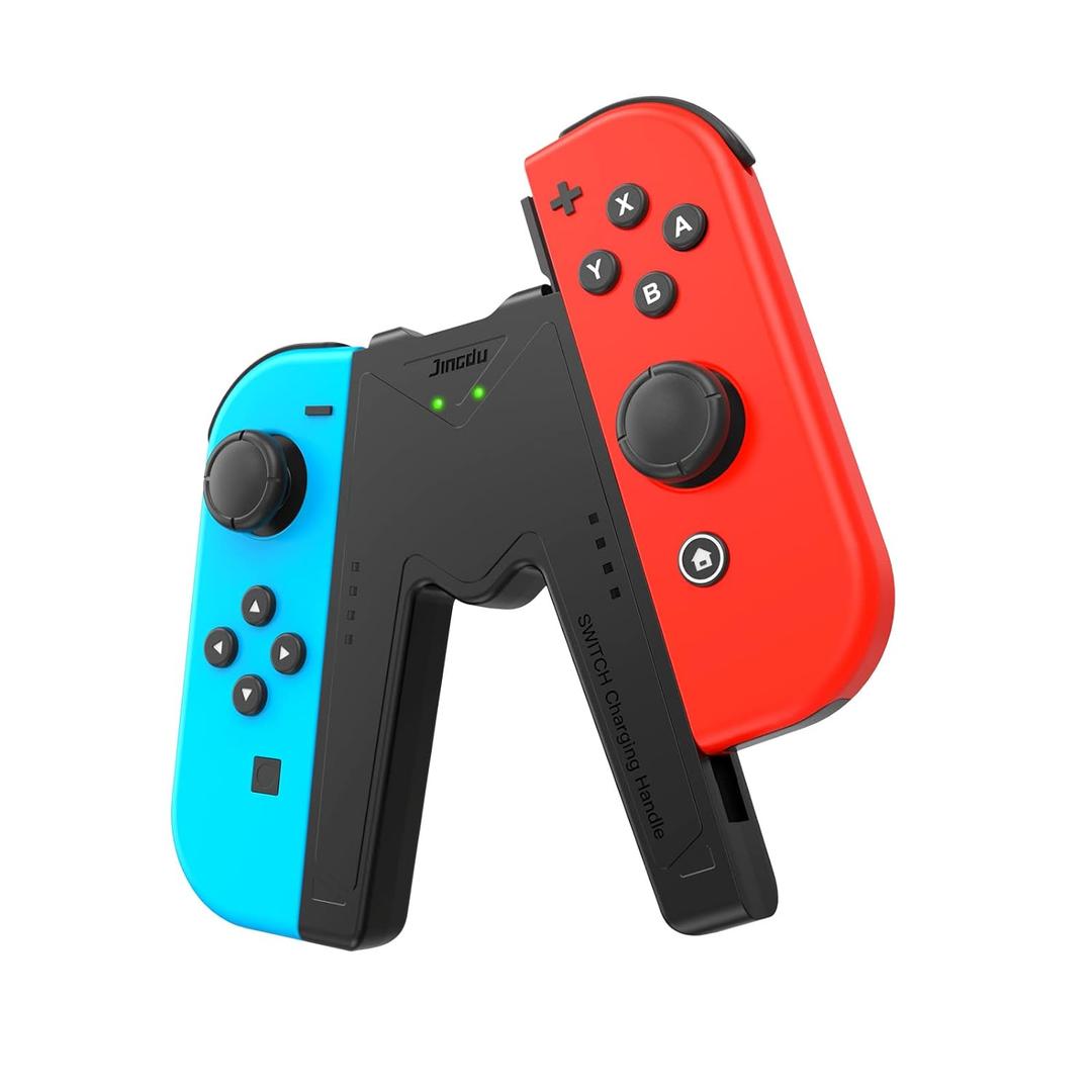 JINGDU Switch JoyCon Charging Grip Compatible with Nintendo Switch & OLED Model, Play While Charging, Portable V Shaped Switch JoyCon Controller Charger with Indicators, Black