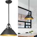 Barn Pendant Light Fixture, HWH 1-Light Hanging Lighting 12-Inch, Industrial Pendant Lights for Kitchen Island Farmhouse Dinning Room, Black and Gold Finish, 5HYS89MIL BK (Black + Metal Shade)