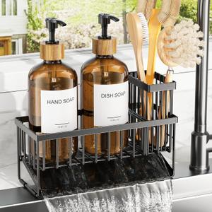 Cisily Kitchen Dish Soap Dispenser Set with 2 Pack 16.9oz Amber Glass Bottle and Sponge Holder, Dish Soap Dispensers with Adjustable Sponge Holder, Vintage Hand and Dish Soap Dispensers Set