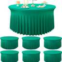 6 Pack Emerald Green Spandex Round Tablecloths for 72 Inch Table, Stretchy 132 Inch Fitted 6FT Cloths, Wrinkle Free Cover With Skirt for Wedding Party Dining Banquet