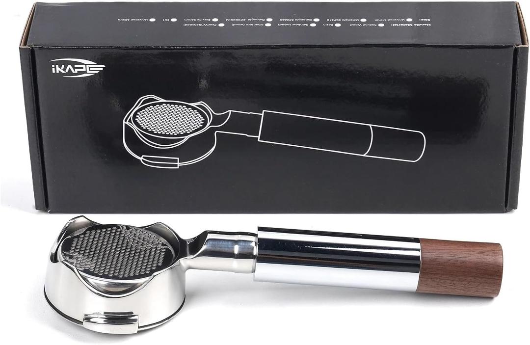 Openwork Bottomless Portafilter Handle Made of Stainless Steel and Walnut with High Extraction Precision Basket Silver