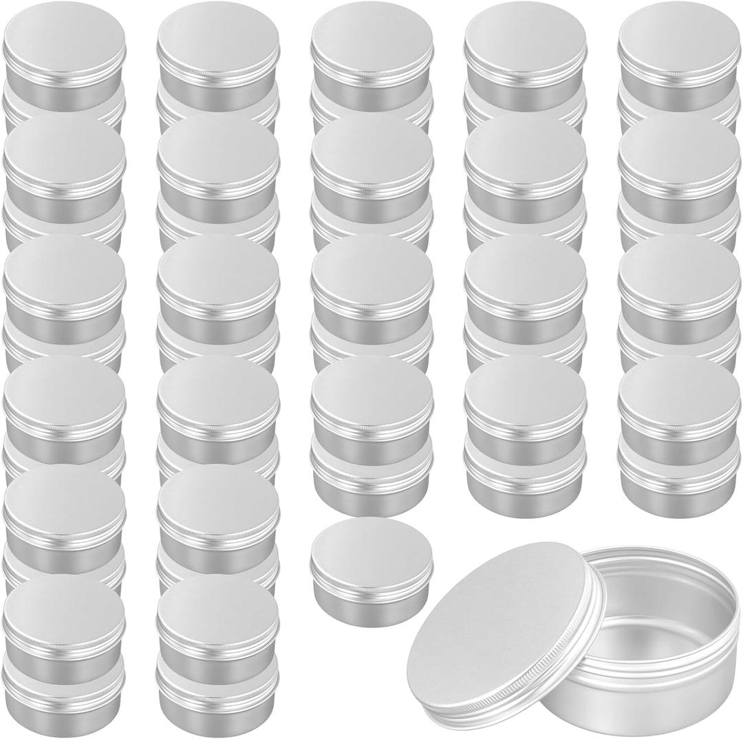 LEXININ 50 Pack Aluminum Tin Cans, 5 Oz Screw Top Tin Jar Containers, 3.26 x 1.5 Inch, Silver