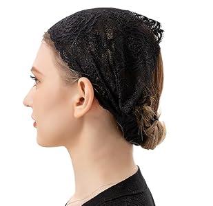 PAMOR Stretchy Rose Lace Headband Floral Headwrap Chapel Veils Latin Mass Head Covering Catholic Church Veil with Bobby Pins (Black)