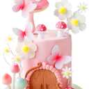 Pink Mushroom Cake Topper Fairy Birthday Party Decorations Forest Fairy Cake Decoration Woodland Mushroom Cottage Bridal Shower Wedding Flower Tea Party Supplies