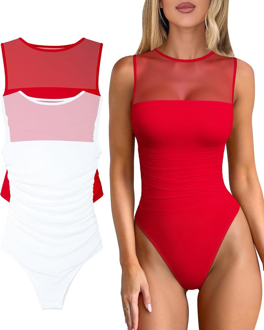 OQQ Women 2 Piece Bodysuit Mesh Ruched Sleeveless Turtle Neck Shapewear Body Suits One Piece Leotard Shirt Going Out Tops