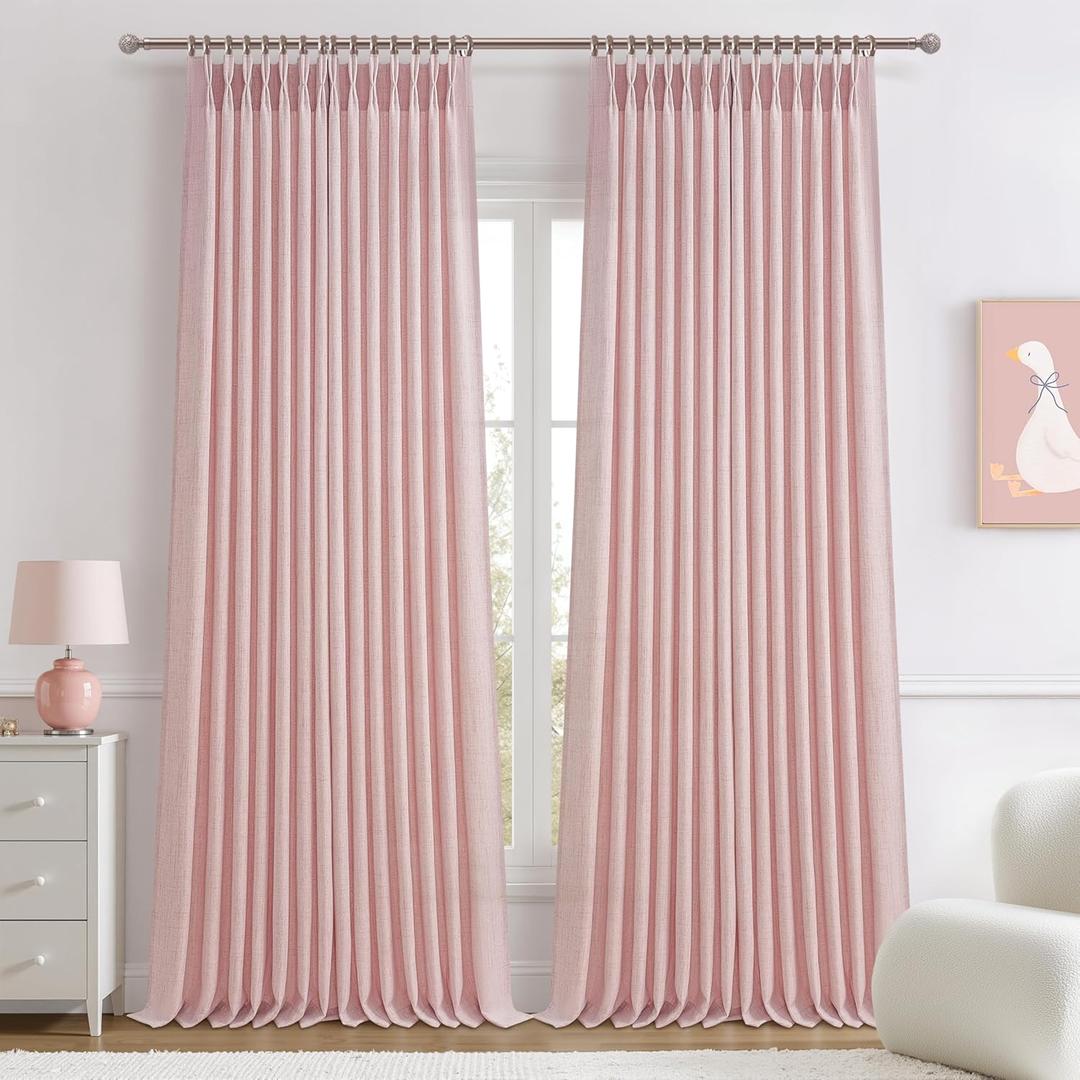 Light-Pink Floor to Ceiling Semi Sheer Extra Long Curtains 108 Inches Length for Office, Pinch Pleat Linen Light-Filtering Privacy Curtain That Let Light in Sunroom Baby Pink 108 Inch Drapes 2 Panels
