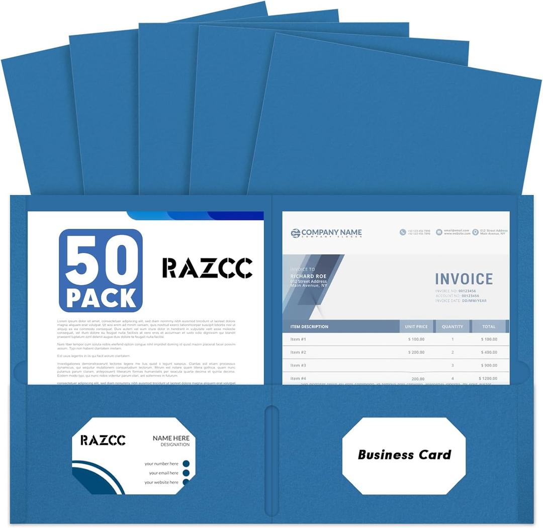 Two Pocket Folders, RAZCC 50 Pack 2 Pocket Folders Fit Letter Size Paper, Paper Folders with Pockets for School Office Business Home, Navy Blue