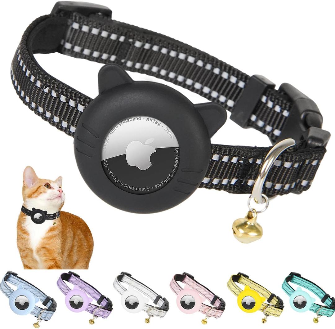 Airtag Cat Collar,Reflective Cat Tracker Collar with Air Tag Holder and Safety Elastic Band,Breakaway GPS Collars for Girl Boy Cats,Kittens and Puppies (Black, Extra Small)