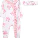 Baby Footie Bodysuit Headband or Hat 2 Piece Set  Christmas Thanksgiving Zip-Up Outfit,Holiday Pajamas for Infants (3 Months, Pink Bows Floral)