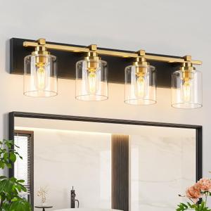 4 Light Modern Bathroom Light Fixtures Over Mirror, Black Gold Vanity Lights for Bathroom Wall Sconces with Clear Glass Shades, E26 Socket (Bulbs Not Included)