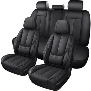 MINGBRON Black Car Seat Cover with Lumbar Support, Car Seat Protector Waterproof, Nappa Leather Car Seat Cushion, Car Seat Covers Front Seats and Back Fit for Most Cars
