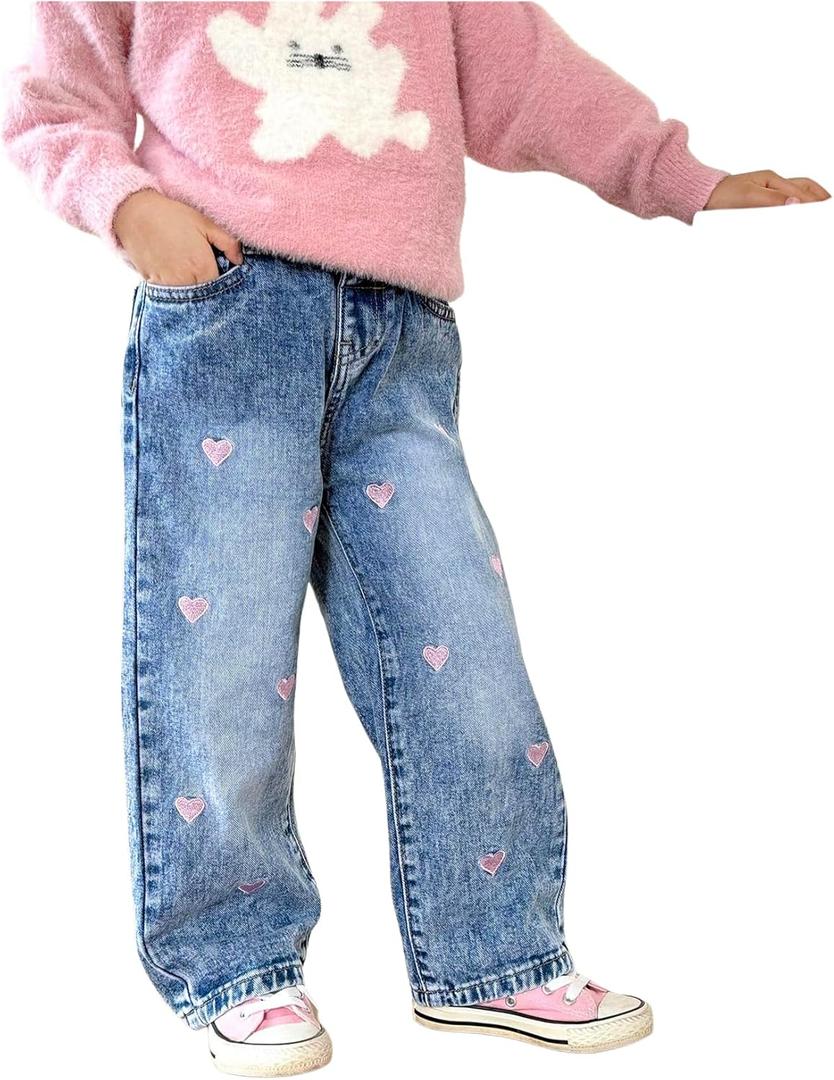 GORGLITTER Girl's Baggy Jeans Denim High Waisted Heart Graphic Print Straight Wide Leg Cargo Joggers Pants Size: 6 Years