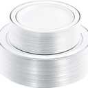 I00000 102pcs Silver Plastic Plates, Disposable Plastic Party Plates with White Silver Rim Fancy Wedding Party Plates Include 51 Dinner Plates 10.25" and 51 Dessert Appetizer Plates 7.5"