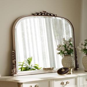 Wall Beaded Mirror, 36 x 27 Inch Round Top Right Angle Wall Mirror, Tempered Glass, Rust Resistant, Horizontally or Vertically Hanging, Silver