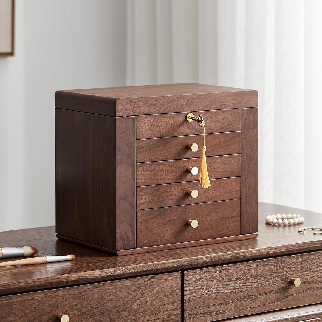 Black Walnut Wooden Jewelry Box, 5 Layer Wood Jewelry Organizer with 2 Side Doors Mirror Lockable Classical Style for Watch Necklace Ring Earring Storage Gifts