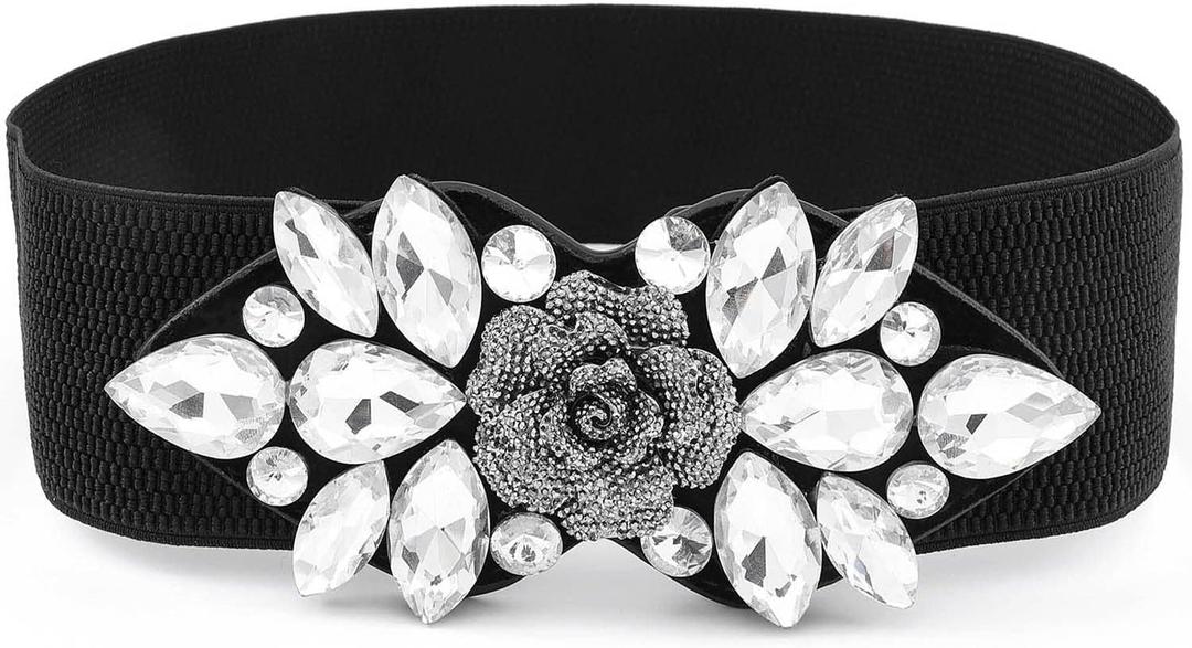 Rhinestone Stretch Belt Wide Formal Belt Women Fashion Belts Elastic Dressy Waist Accessories (Black White Belt, M:fit waist size 31-40 in)