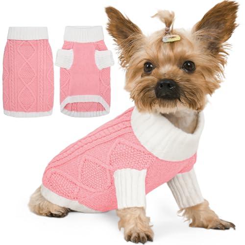 Lorehelina Dog Sweater for Small Dogs Argyle Cable Knit Turtleneck Pullover Winter Clothes for Boys Girls Stretch Chihuahua Yorkie Puppy Christmas Doggie Pet (S, Pink)