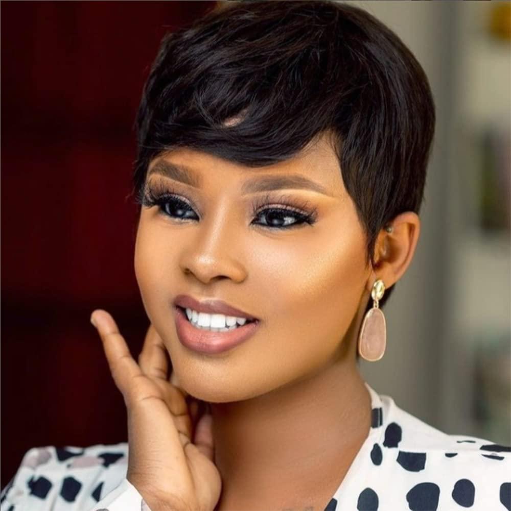 Pixie Cut Wig for Black Women Short Human Hair Wigs None Lace Front Wig Short Layered Wigs with Bangs for Daily Wear Natural Color (1B)
